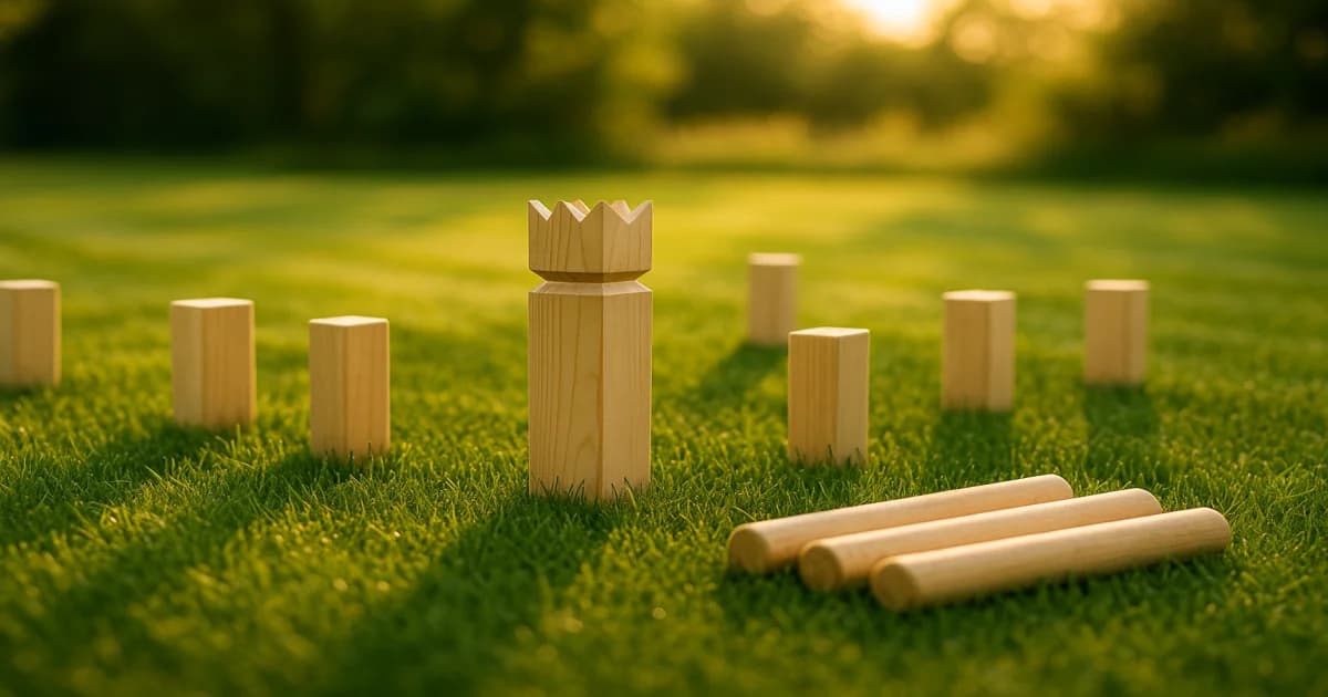 Freunde spielen Wikingerschach Kubb im Garten an einem sonnigen Sommertag