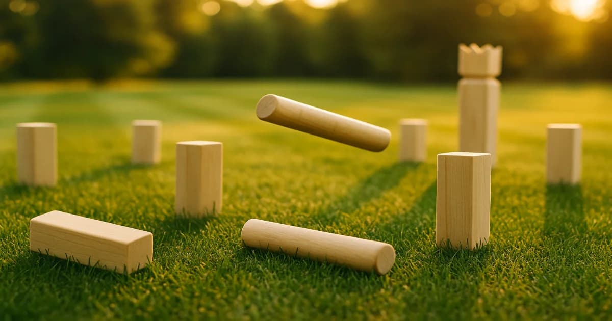 Kubb Wikingerschach Spielfeld auf grüner Wiese